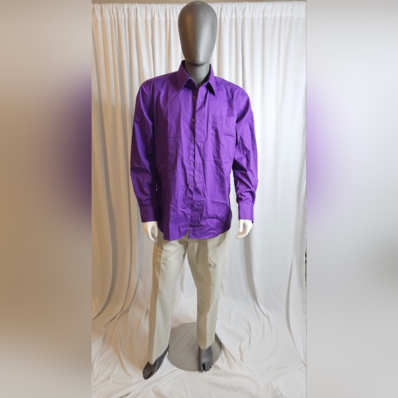 Omega Italy Long Sleeve Dress Shirt Solid Purple Regular Fit sz 16-16.5, 34-35 - Picture 1 of 7